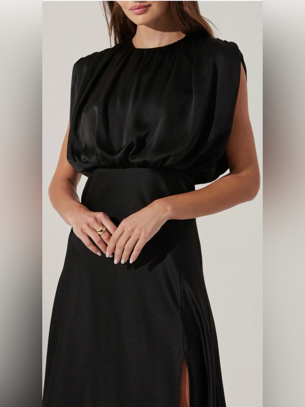 Astr Black Cap Sleeve Satin Dress with Side Slit - Picture 3 of 3